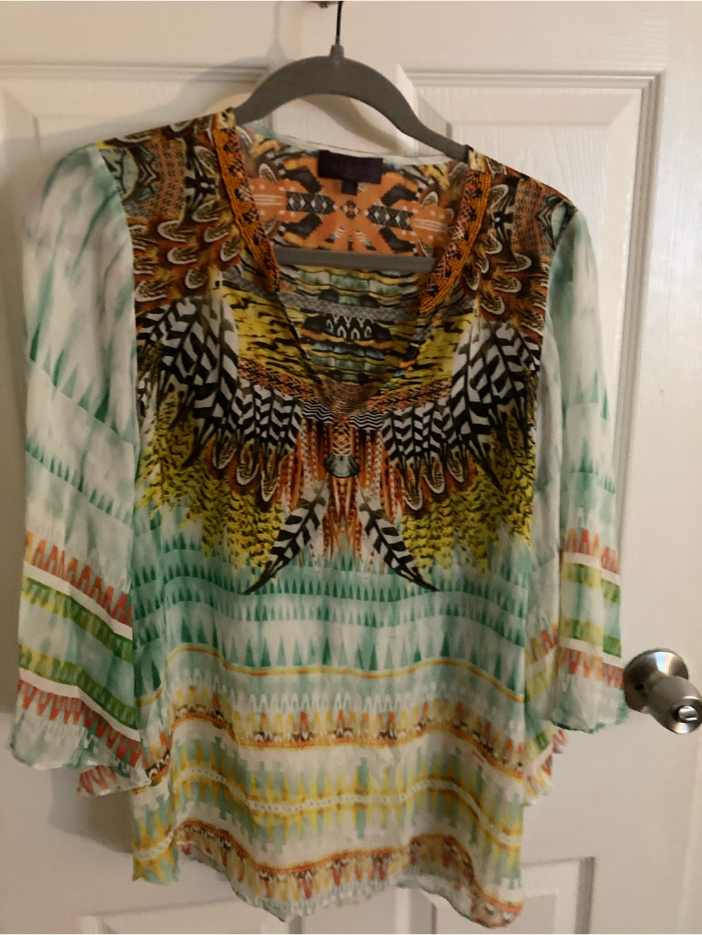 Vintage fairycore Y2K Hale Bob silk V-Neck Tunic with Feather motif